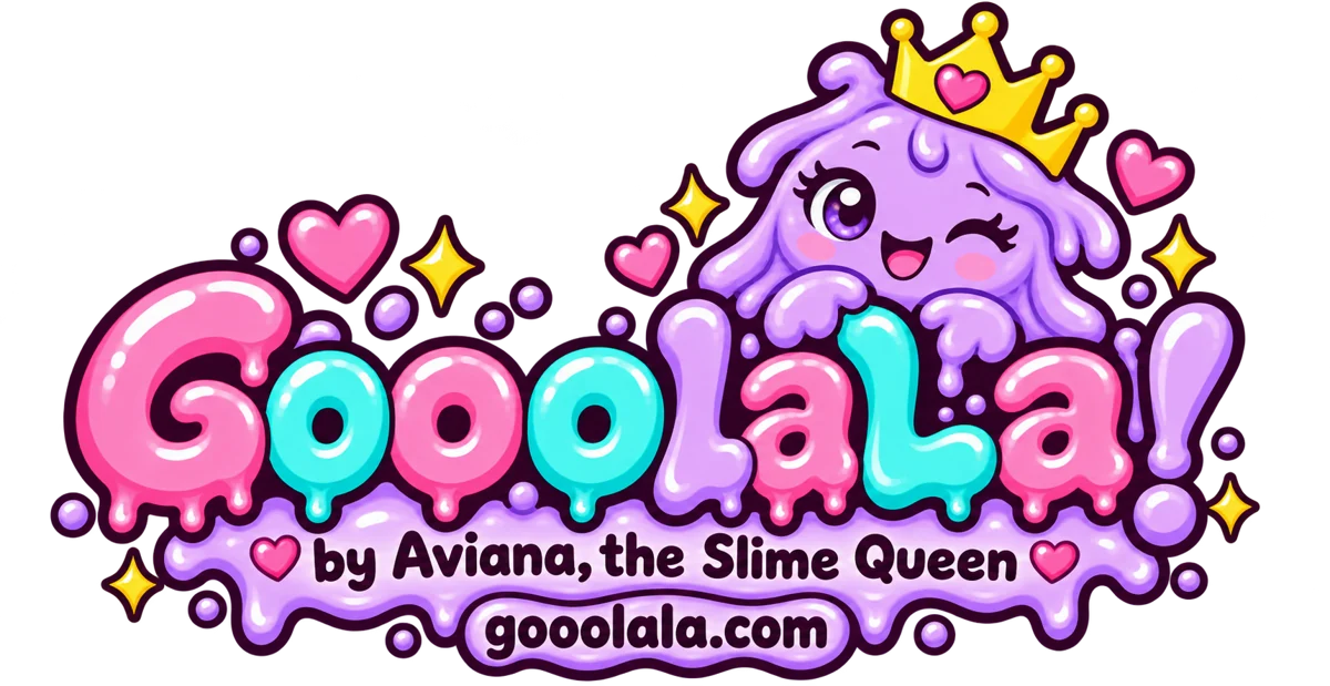 Gooolala! by Aviana, the Slime Queen — bubble letters with a crowned lavender slime mascot