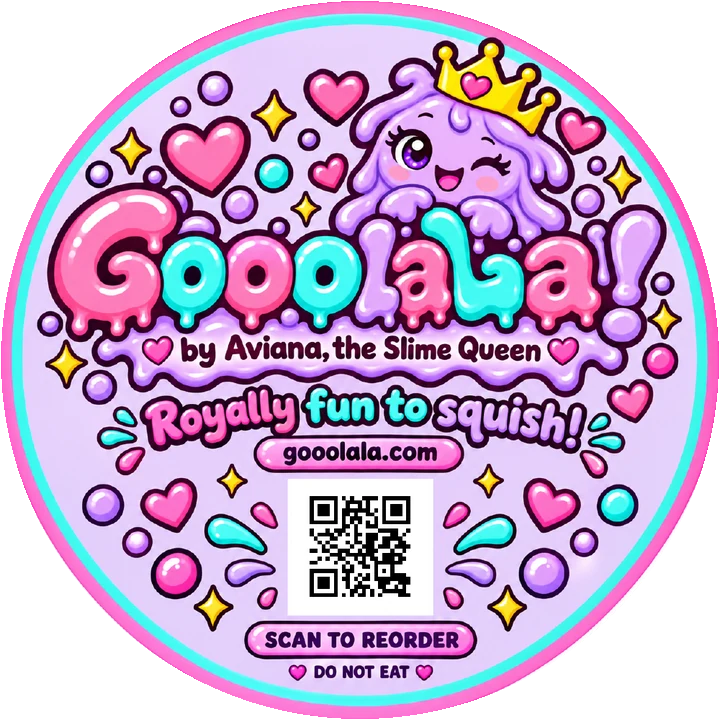 The round Gooolala jar lid label with the crowned slime mascot